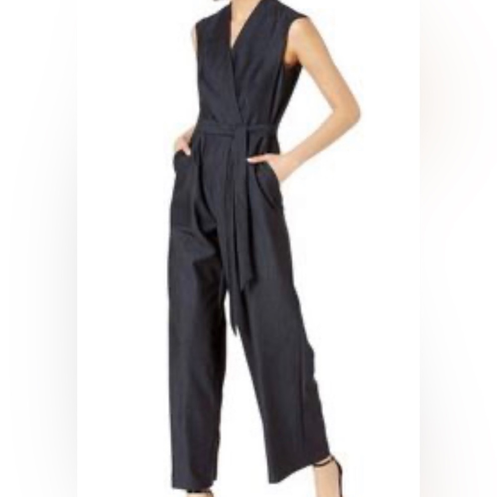 Calvin Klein Charcoal Gray Belted Faux Wrap V Neck Sleeveless Jumpsuit Size 10